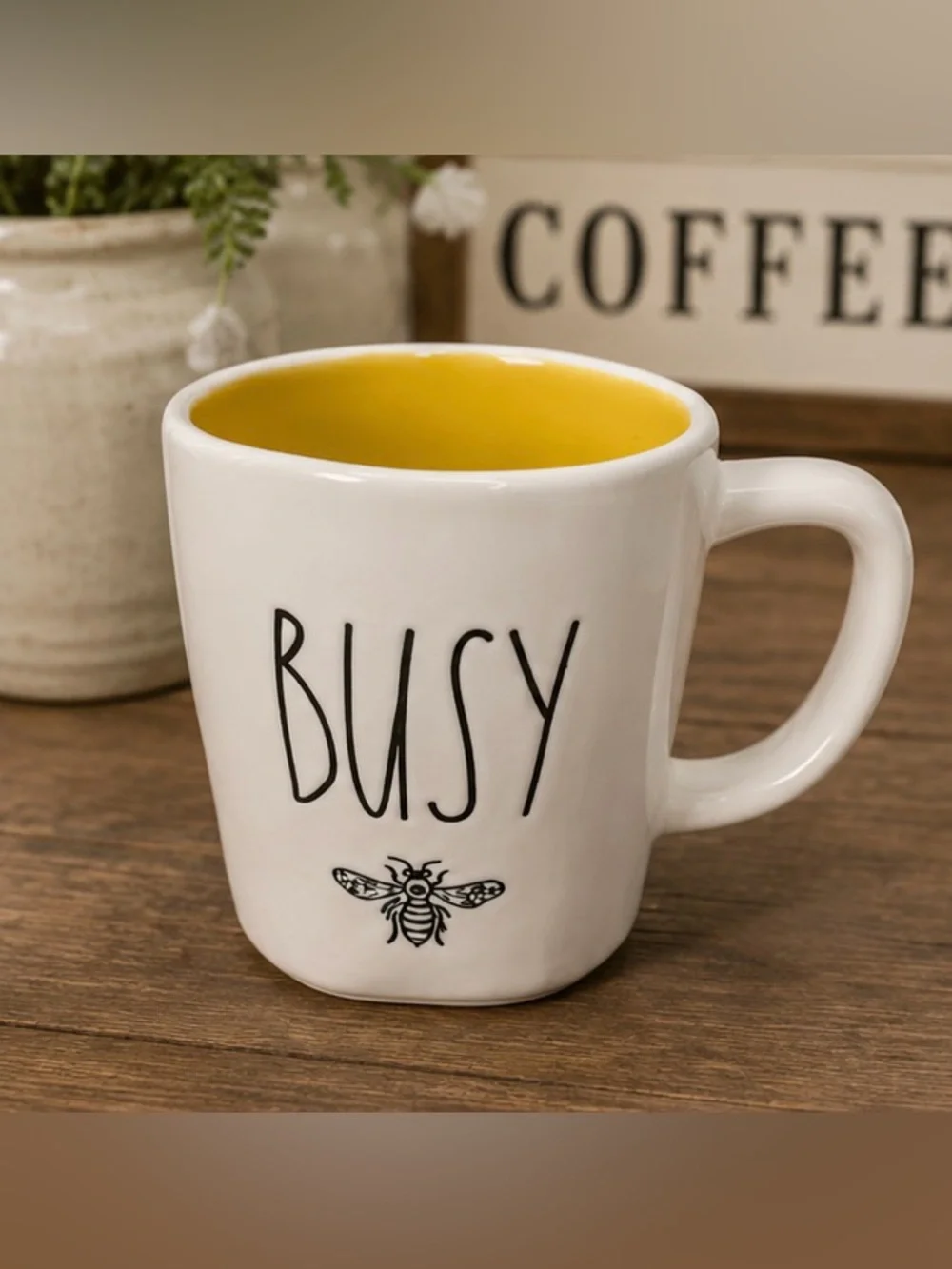 Rae Dunn BUSY Bee Coffee Mug Yellow Interior Farmhouse
